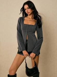 Poéselle 女士方领长袖开衩时尚衬衫，灰色 - 深灰色 - 查看 1