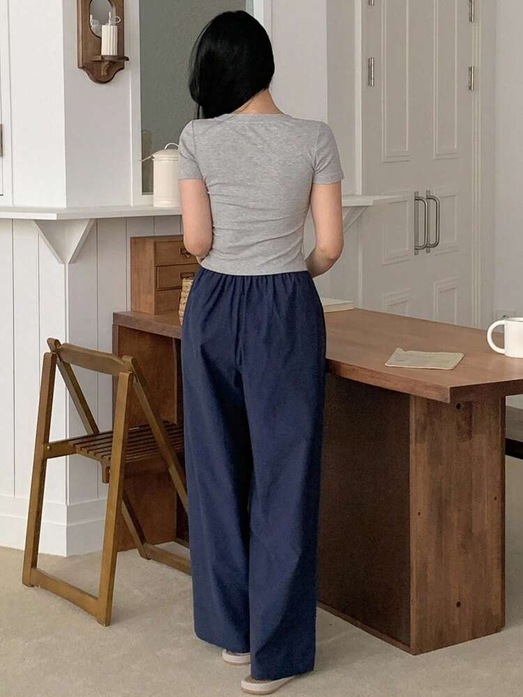 2pcs/Set Women Square Neck Fitted Short Sleeve T-Shirt And Loose Straight Long Pants Pajama Set, Summer