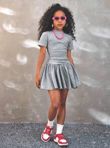 Coolane Kids Tween Girl Mock Neck Ruched Slim Fit Tee & Ruffle Hem Skirt,Back To School,Y2K,Streetwear,Summer/Fall - Grey - View 3