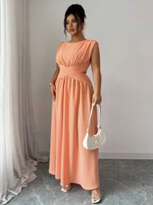 Elenzga Vestido midi sin mangas talla grande para mujer, elegante y minimalista de estilo chic de alta gama para la oficina, el tránsito, la playa, las vacaciones, los festivales de música, de unicolor con cinturón vintage, cintura calada, plisado en capas con silueta evasé