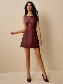 Poéselle Women's Chic Elegant Burgundy Autumn PU Fabric Round Neck Ruched Sleeveless Mini Dress,Old Money Style Dinner Date Fashion Solid Color Fall Clothes - Burgundy - View 8