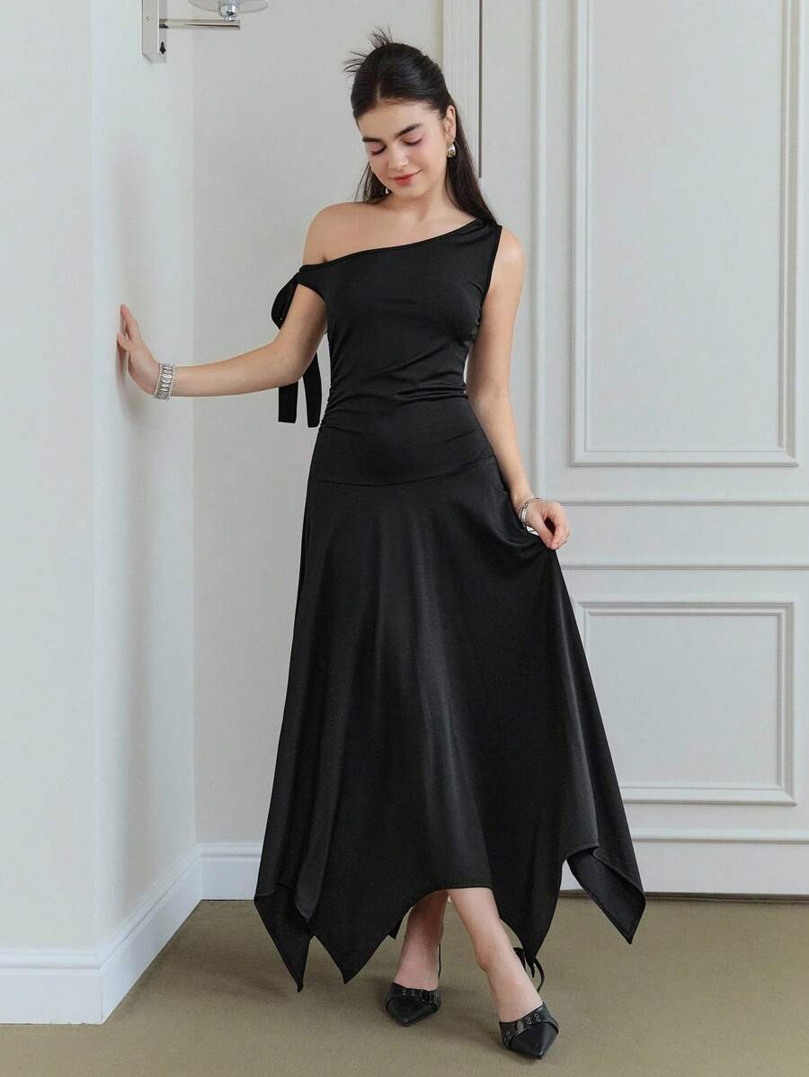 SHEIN MOD فستان ميدي رسمي أنيق بتصميم فرنسي عتيق غير متماثل الذيل مع فيونكة - كشف الكتف، بطراز السبعينات، مثالي للمواعيد والعطلات وحفلات أعياد الميلاد والملابس الاحتفالية وارتداء الحفلات، وملابس الشاطئ للمرأة، وملابس حفلات الموسيقى الريفية، وملابس المكتب للنساء، والملابس الجوتية - الأسود - مشاهدة 1