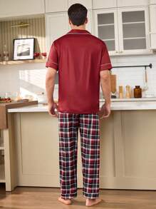 2pcs Casual Plaid Print Matching Couple Homewear Set - Burgundy - View 6