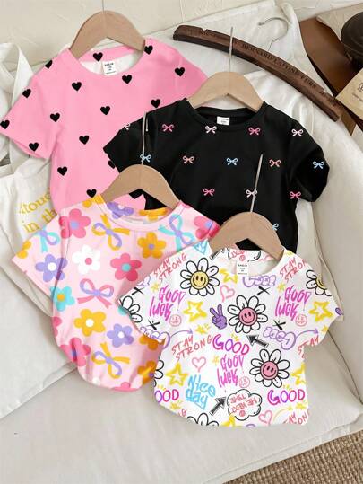 SHEIN 4pcs/Set Young Girls Casual Floral, Face, Bow, Heart Graphic Round Neck Short Sleeve Basic T-Shirts, White, Light Pink, Bright Pink, Black, Suitable For Everyday, Home, Vacation, Picnic, Outdoor, Back To School Cute Girl Tops Kid Cute Tops Summer Tops Kids Girl Girls Casual Printed Crew Neck Short Sleeve T Shirt Baby Tees