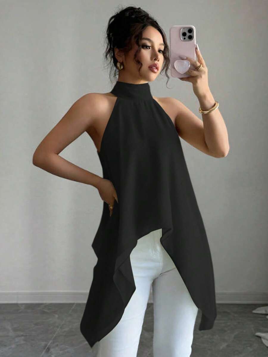 Rafferiza Áo sơ mi nữ cổ yếm không tay màu xanh lá cây nhạt thường ngày mùa hè - màu đen - Xem 1