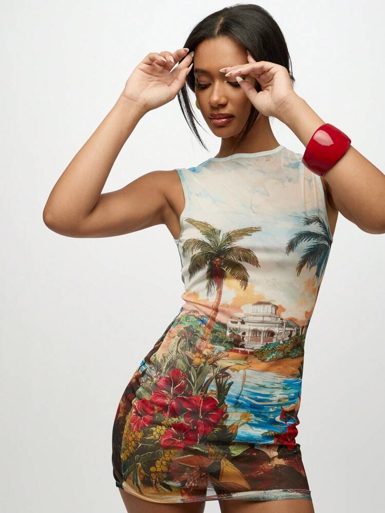SUMWON WOMEN Vestido mini sin mangas de malla con estampado de palmeras Sunset Vista