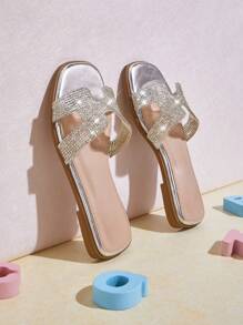 Mini mi 儿童透明闪亮银色水钻 H 型拖鞋凉鞋 - 舒适、奢华、永恒的风格 - 銀色 - 查看 2