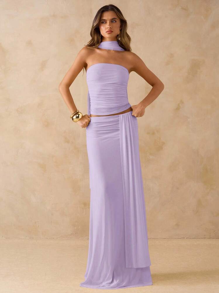 SHEIN BAE 2pcs/Set Women Summer Solid Pink Ruched Bandeau Top & Low Waist Ruched Tie Maxi Skirt, Beach Vacation Outfit, Bohemian Style Backless Dress, Women Music Concert Outfit, Wedding Bridesmaid Party Dress - Mauve Purple - View 5