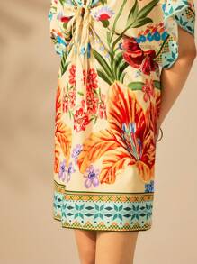 CAJUNI 女士节日休闲花卉印花蝙蝠袖连衣裙