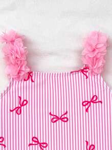 SHEIN Young Girl Knitted Striped Bowknot Design 3D Floral One-Piece Swimsuit Girls Pink Bow Swimsuit Girls Striped Swimsuit One Piece Swimsuit Girls Pink One Piece Swimsuit Girls Swimwear