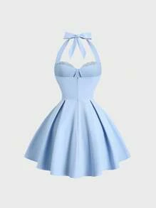 Sweetra 女士优雅纯色露背挂脖迷你连衣裙，夏季 - 淺藍色 - 查看 2