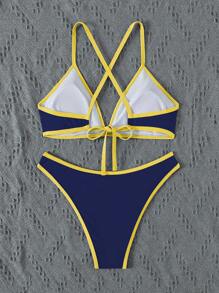 SHEIN Swim 女款夏季海灘撞色掛脖綁帶性感比基尼兩件式泳衣套裝 - 彩色 - 查看 5
