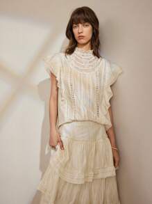 Ontre Blusa de mujer con volantes, manga con volantes, unicolor, elegante y de moda para primavera/verano, adecuada para exteriores, playa, estilo bohemio de vacaciones, popular en verano, festival de música country, estilo occidental, tela de alta calidad, cómoda y versátil - Albaricoque - Ver 3