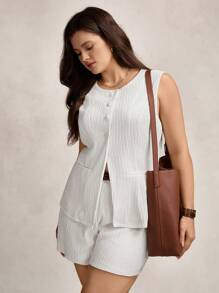SHEIN LUNE 大码女式单排扣背心和短裤套装