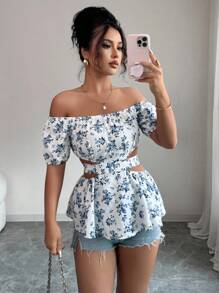 Rafferiza Women's Summer Holiday Off-Shoulder Cutout Waist Tie Blouse - Blue - View 3