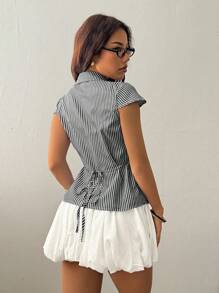 Flirla Casual Front Opening Hooded Short Sleeve Shirt With Tie Cinched Waist - Black and White - View 2