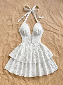 Soleia 女式花卉提花荷叶边下摆挂脖迷你连衣裙，夏季 - 白色 - 查看 4