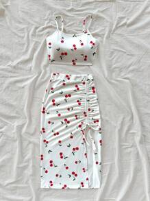 Soleia Women Casual Cropped Tank Top And High Slit Drawstring Bodycon Skirt Set, Cherry Print, Suitable For Summer Suitable For Going Out - Multicolor - View 5