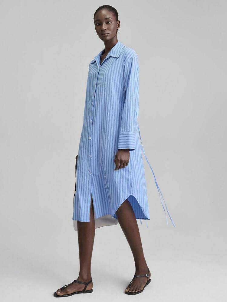 Women's Blue And White Stripe Shirt Dress,Autumn Elegant Mid-Length Dress,Business Casual Brunch Party,Retro Front Button Nashville Commute Dress
