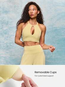 GLOWMODE FeatherFit™ More Glow Buttery-Soft Stretchy Sweat-Wicking Push-Up Removable Cups Keyhole Mesh Straps Halter Sports Bra Low Impact Yoga Pilates Barre Studio Daily Casual Wear
