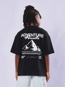 SUMWON Adventure Awaits Mountain Graphic Oversized T-Shirt Outdoor Explorer Youth Hiking Camping Summer Casual Weekend Wear