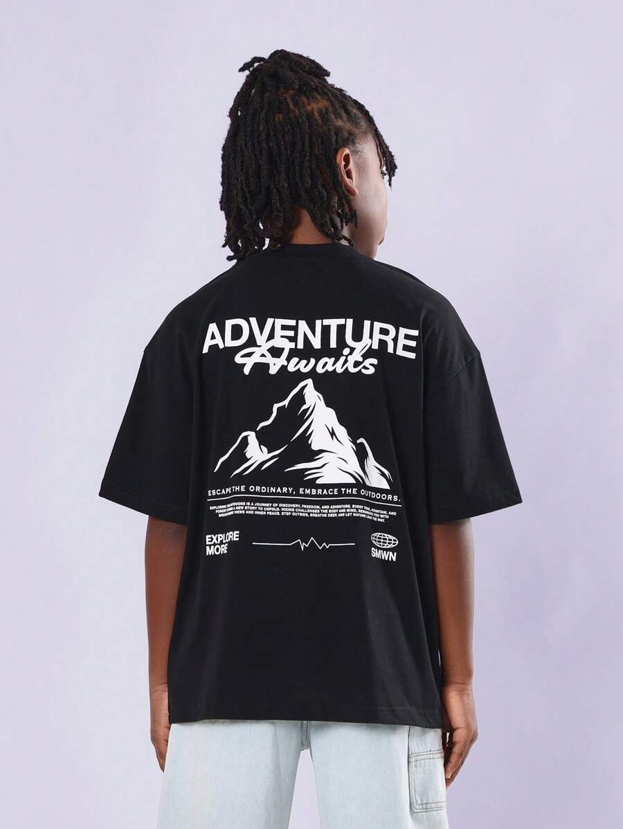 SUMWON Adventure Awaits Mountain Graphic Oversized T-Shirt Outdoor Explorer Youth Hiking Camping Summer Casual Weekend Wear
