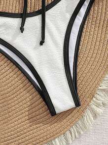 Swim Mod 2pcs White Textured Fabric Soft Underwire Push-Up Removable Padding Bikini Swimsuit With Brown Ribbon Bow, Minimalist Vacation Sexy Ladies Set For Summer - Black and White - View 5