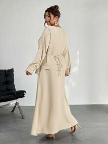 Firerie Váy satin viền bất đối xứng màu mơ thanh lịch cỡ lớn cho nữ - Màu be - Xem 2