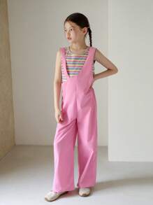女童圆领无袖条纹连体裤套装 - 粉色 - 查看 3