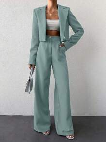 SHEIN Conjunto de chaqueta corta y pantalón de largo completo de unicolor para mujer