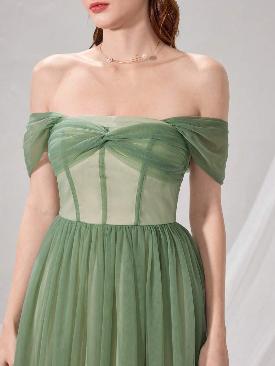 Poshira 露肩人字形接缝夏季网眼拼接高端宴会晚礼服，优雅社交名媛奢华礼服奢华女士晚礼服柔软礼服，派对礼服，舞会礼服