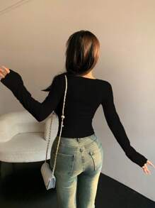 DAZY Women Solid Color Heart-Shaped Collar Long Sleeve Top - Black - View 2