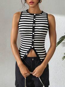 Elenzga Débardeur femme chic et élégant à col rond, taille cintrée, coupe slim, avec rayures asymétriques contrastées et ourlet