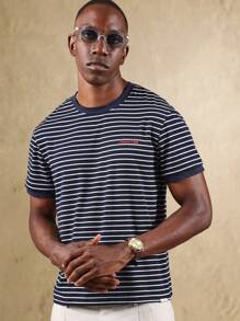 SUMWON Camiseta Vintage de Rayas con Cuello y Puños Contrastantes, Casual de Verano y Primavera, Esencial de Algodón, Top Retro de Club y Streetwear Básico