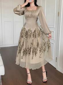 DAZY 香檳金秋季優雅女款方領泡泡袖拼接中長洋裝，亮片花卉奢華正式舞會閃亮禮服 - 卡其色 - 查看 6