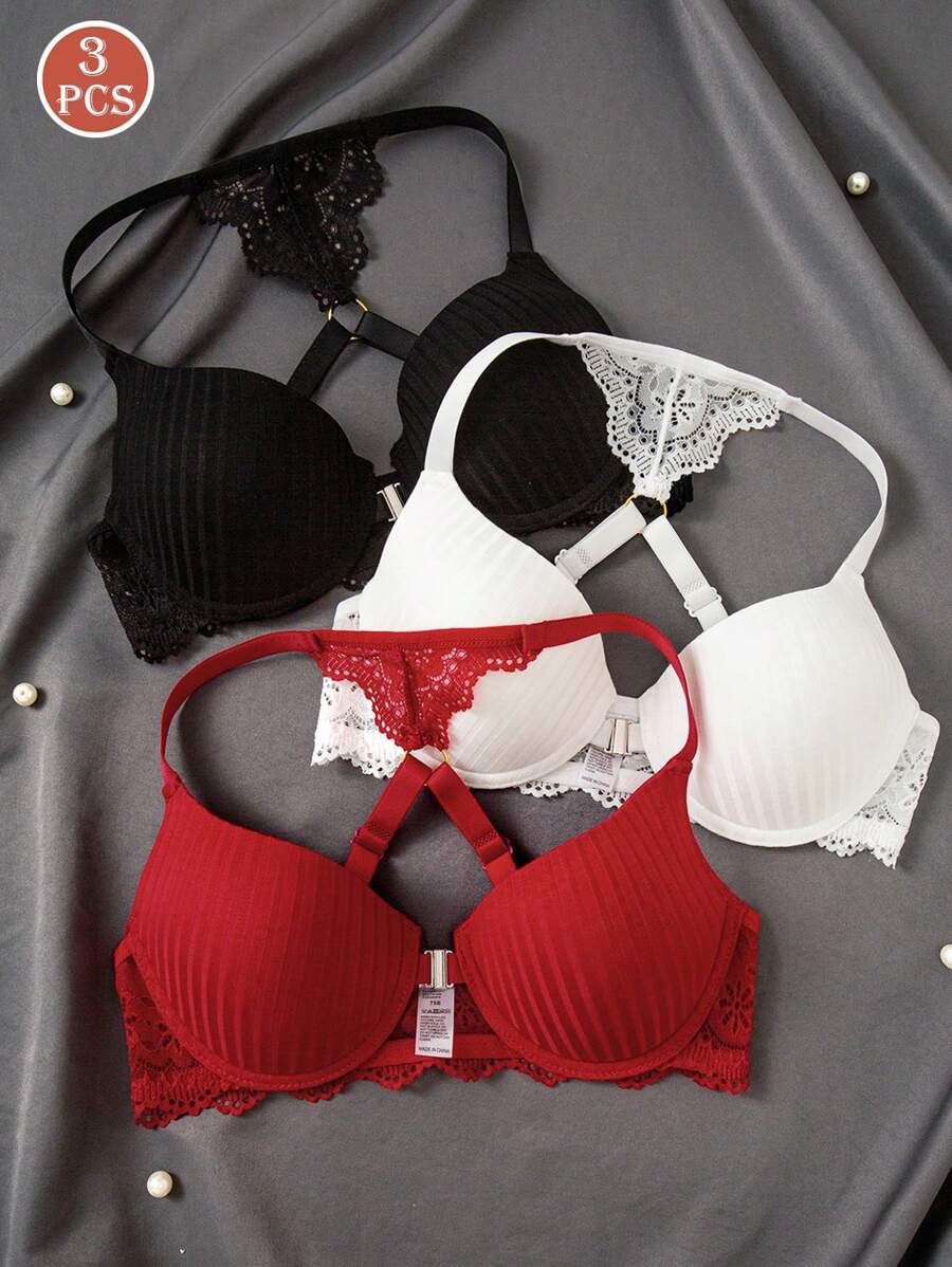 SHEIN 3-Piece Sexy Lace Front Closure Bra Set