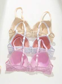 SHEIN 3pcs/Set Women's Lace Padded Romantic Simple Adjustable Bras With Wire - Multicolor - View 2