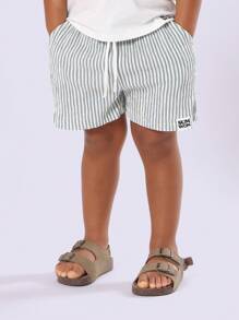 SUMWON Conjunto de camiseta y pantalones cortos a rayas de verano con tema costero y de mariscos para niños, ideal para vacaciones en la playa