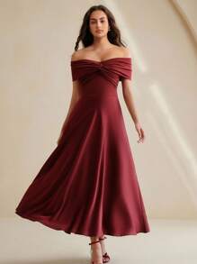 Anewsta 露肩优雅性感酒红色紧身连衣裙，适合婚礼、毕业典礼等场合