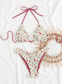 Swim Mod Ladies' Summer Beach Music Festival Ditsy Floral Patchwork Printed Halter Neck Triangle Bikini Set With High Cut Bottoms - Multicolor - View 7