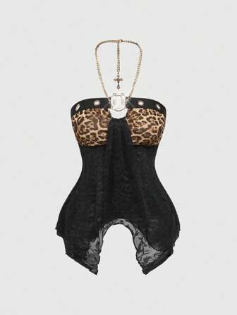 J-Fashion Y2K Retro Sexy Cross Leopard Print Lace Halter Neck Tank Top For Women