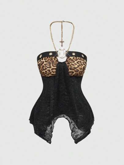J-Fashion Top halter de encaje con estampado de leopardo retro sexy Y2K para mujeres