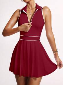 Easithlete Rochie sport fără mâneci cu guler parțial cu fermoar și pliuri în dungi pentru femei