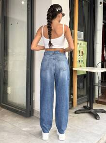 EURMUSE Quần Jeans Mom Jeans Lưng Giữa Thường Ngày Túi Xiên Giặt Tuyết - Rửa trung bình - Xem 2