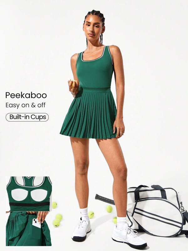 GLOWMODE FeatherFit™-Air Quick-Dry Tennis Built-In Cups Pleated Peekaboo Elasticized Waist Dress With Built-In Shorts Side Pockets Low Impact Running Training Workout Gym