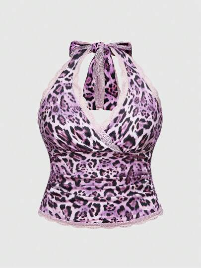 Grunge Punk Canottiera donna taglie forti stile Y2K con collo alla halter e stampa leopardata in pizzo