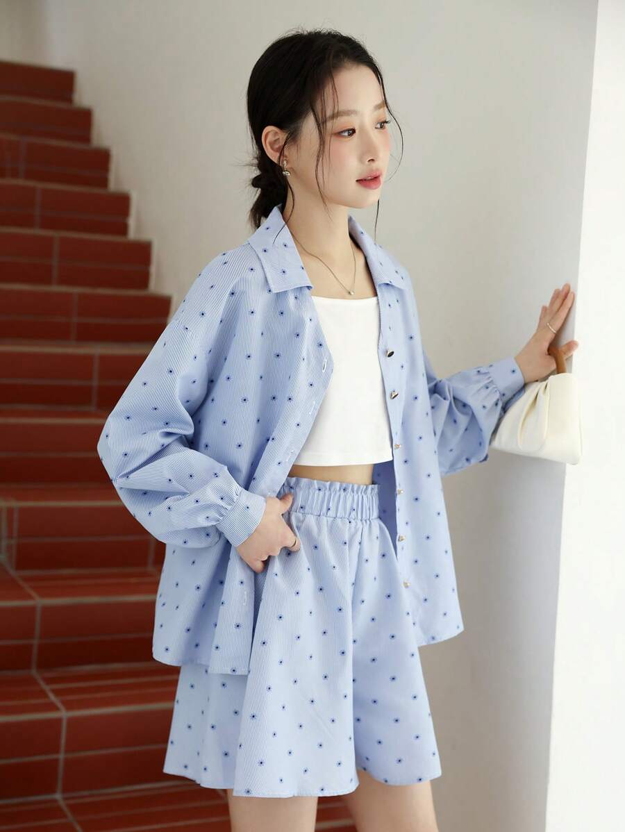 3pcs/Set Teen Girls Striped Floral Print Long Sleeve Shirt, Solid Color Tank Top And Striped Floral Print Shorts, Casual Summer Fashion Outfit - Multicolor - View 1