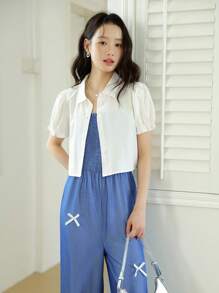 2 Piece Set For Teen Girl White Puff Sleeve Shirt Paired With Fashionable Bow Strap Jumpsuit, Elegant And Versatile Design, Comfortable Fabric, Suitable For Everyday Wear Or Formal Events