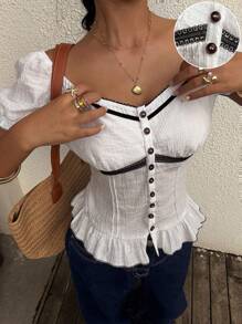 SHEIN EZwear Cute Tops Country Concert Lace White Top Heart-Neck Short Sleeve Contrast Lace Trim - White - View 1