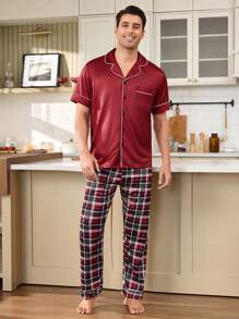 2pcs Casual Plaid Print Matching Couple Homewear Set - Burgundy - View 2
